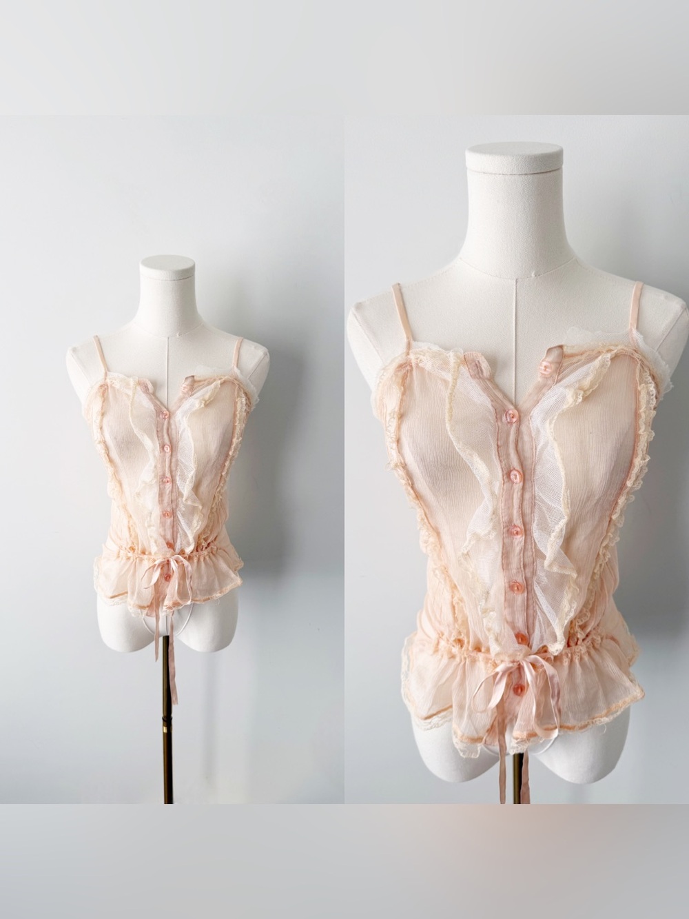 blush pink sheer silk lace ruffle camisole
